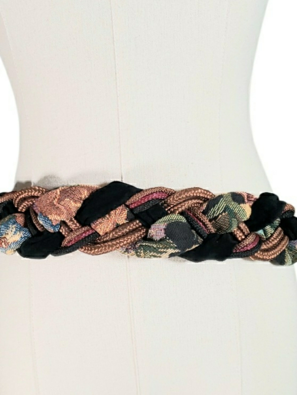 Woven Multicolor Braided Leather Textile Cord Belt Black, Blue & Copper Tones